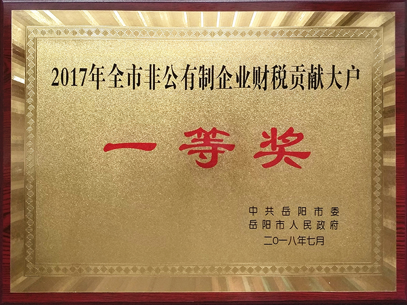 2017 First Prize of Major Financial and Tax Contributors of Yueyang Non-Public Enterprises